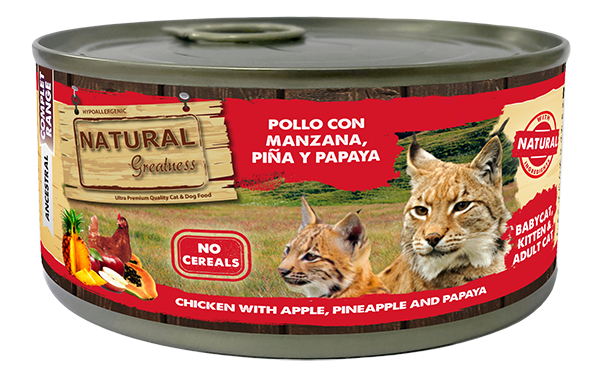 Natural Greatness Pollo con Manzana, Piña y Papaya para Gatos Adultos y Gatito 185g